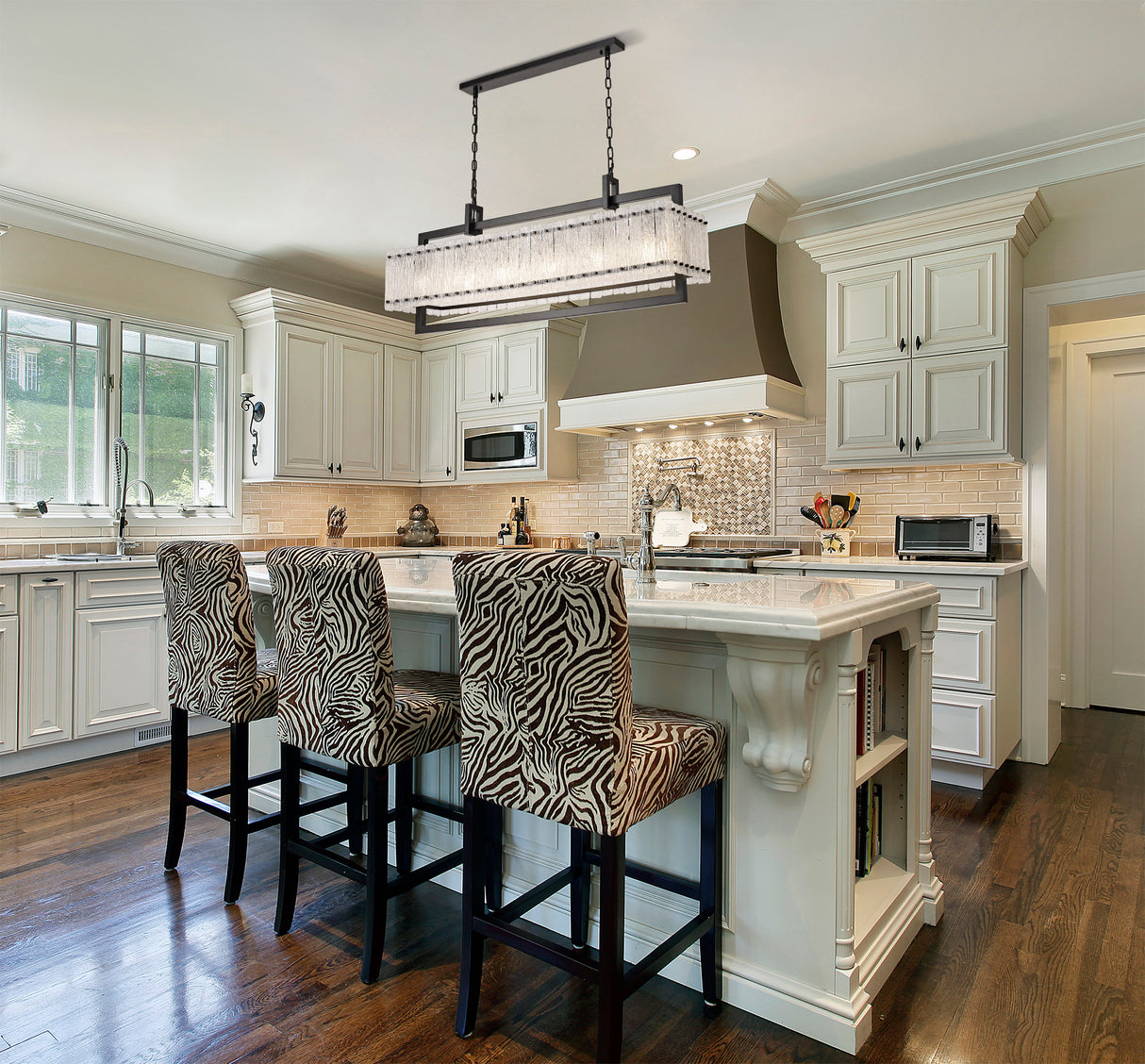 Ursem Large Linear Pendant, 12 Light E27, Matt Black/Crystal Sand Glass Item Weight: 20.2kg