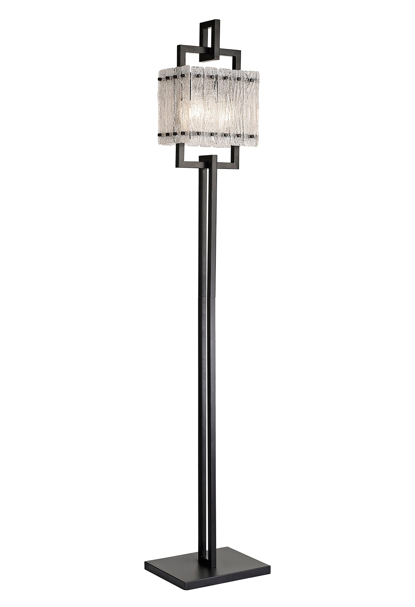 Ursem Floor Lamp, 2 Light E27, Matt Black/Crystal Sand Glass