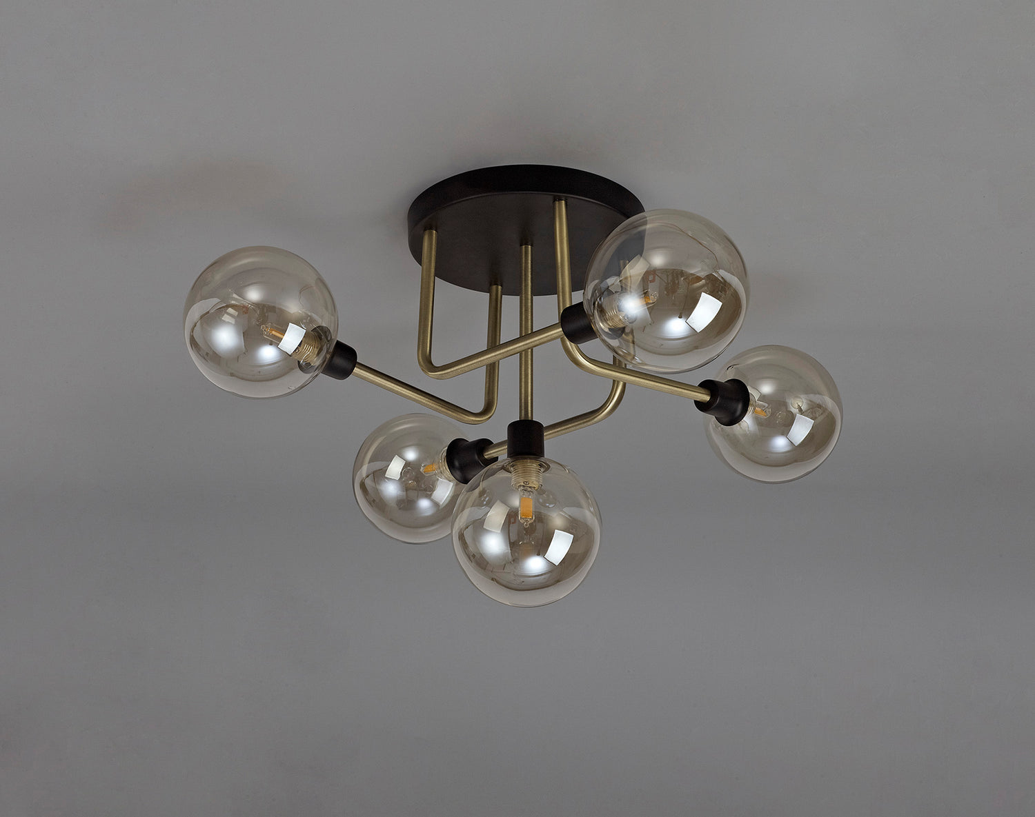 Gayle Flush Ceiling, 5 Light G9, Matt Black/Antique Brass/Cognac Glass