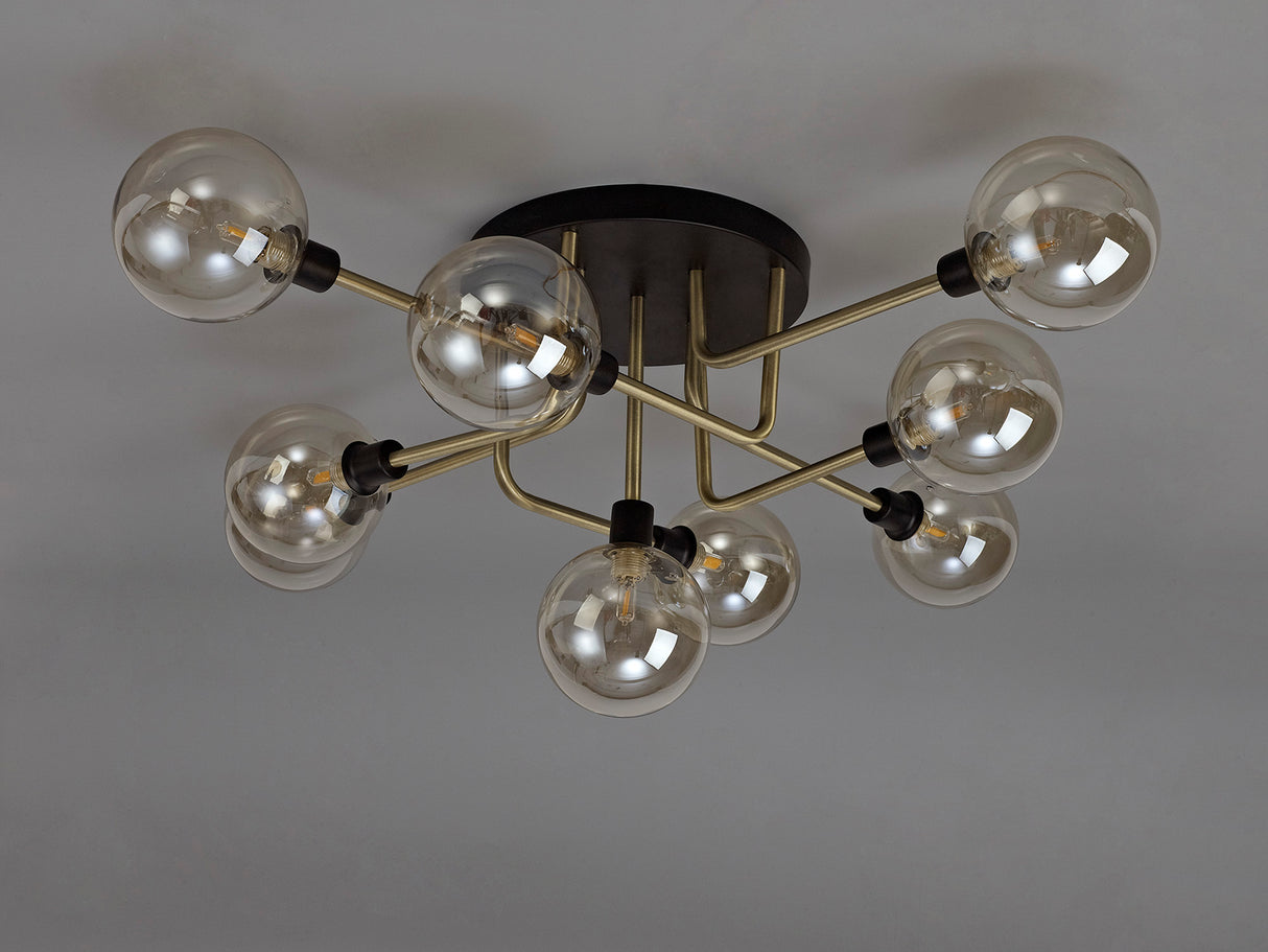 Gayle Flush Ceiling, 9 Light G9, Matt Black/Antique Brass/Cognac Glass