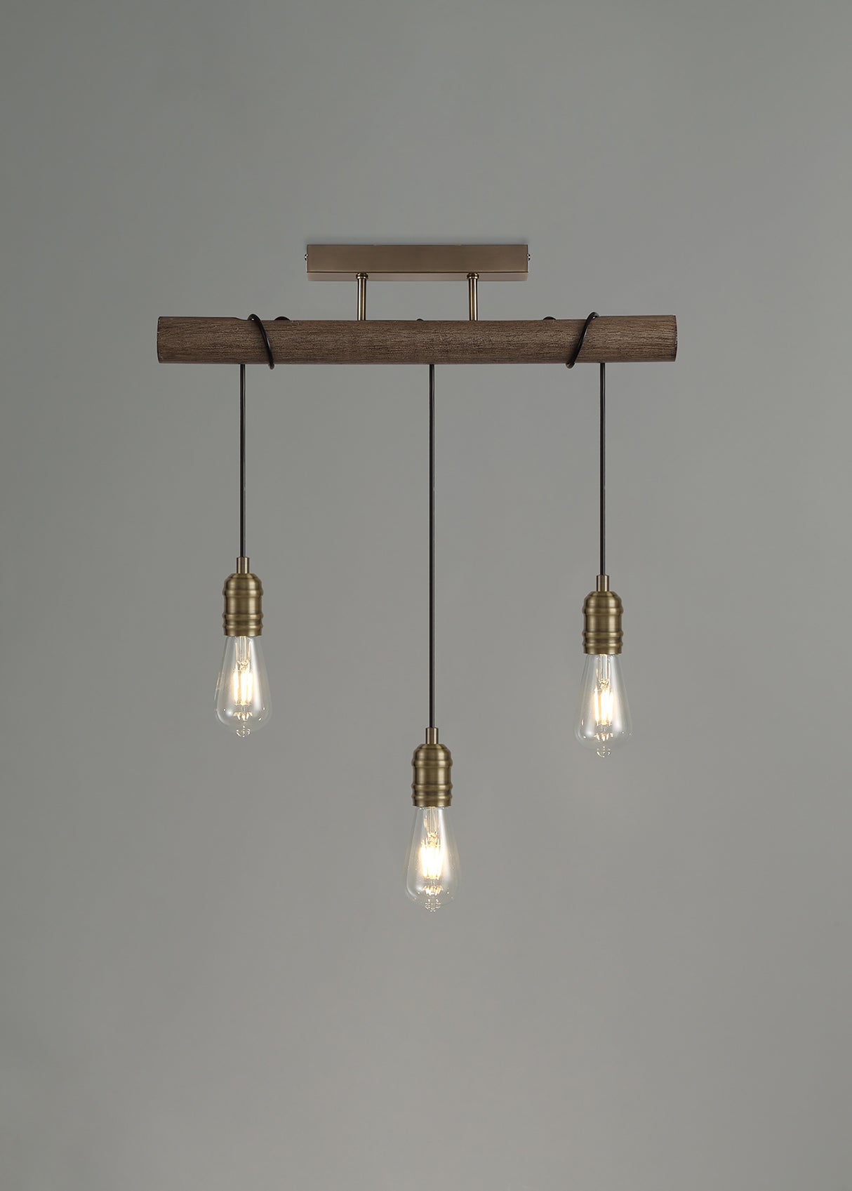 Tiler Flush Ceiling, 3 x E27, Medium Oak/Antique Brass