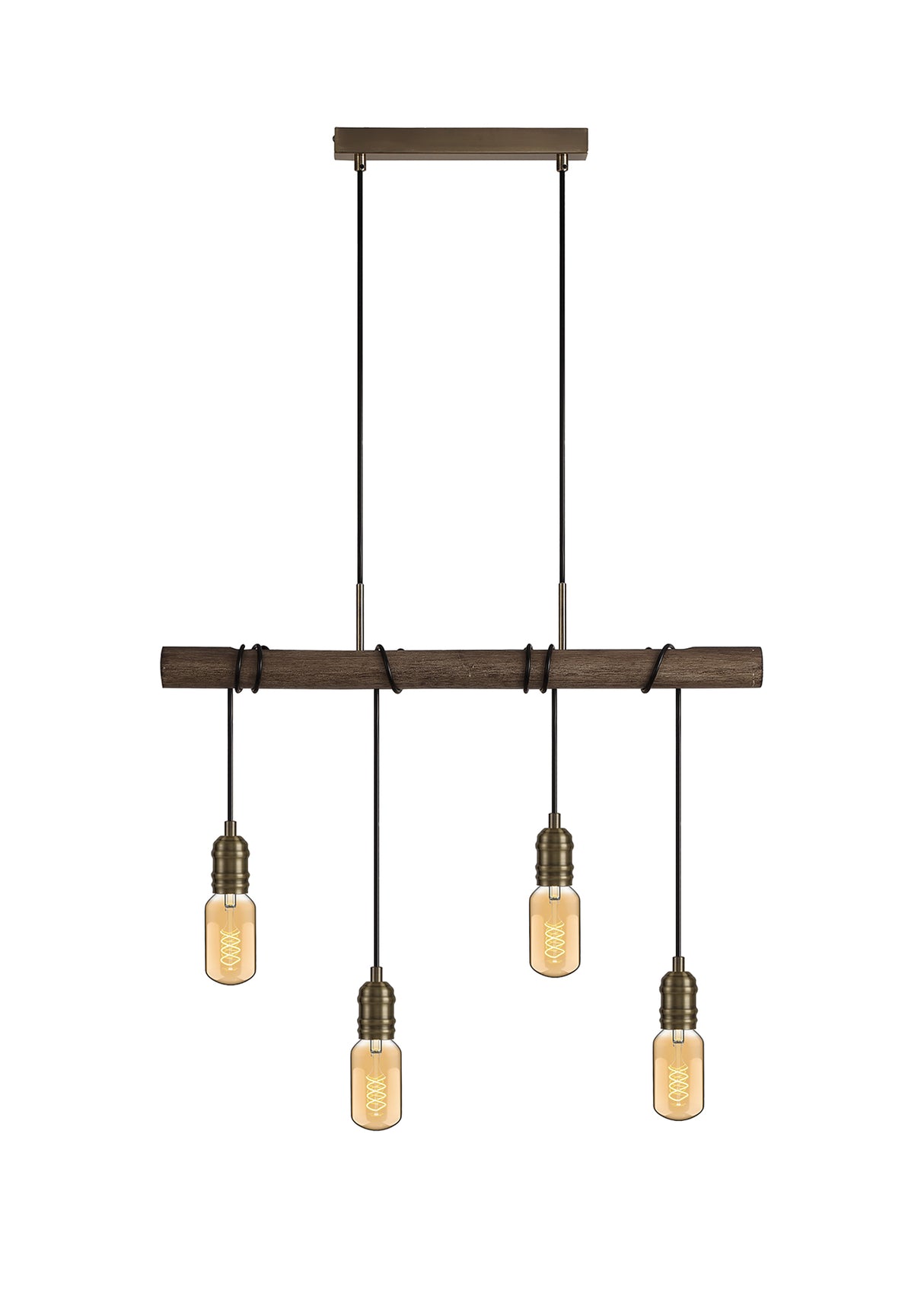 Tiler Pendant, 4 x E27, Medium Oak/Antique Brass