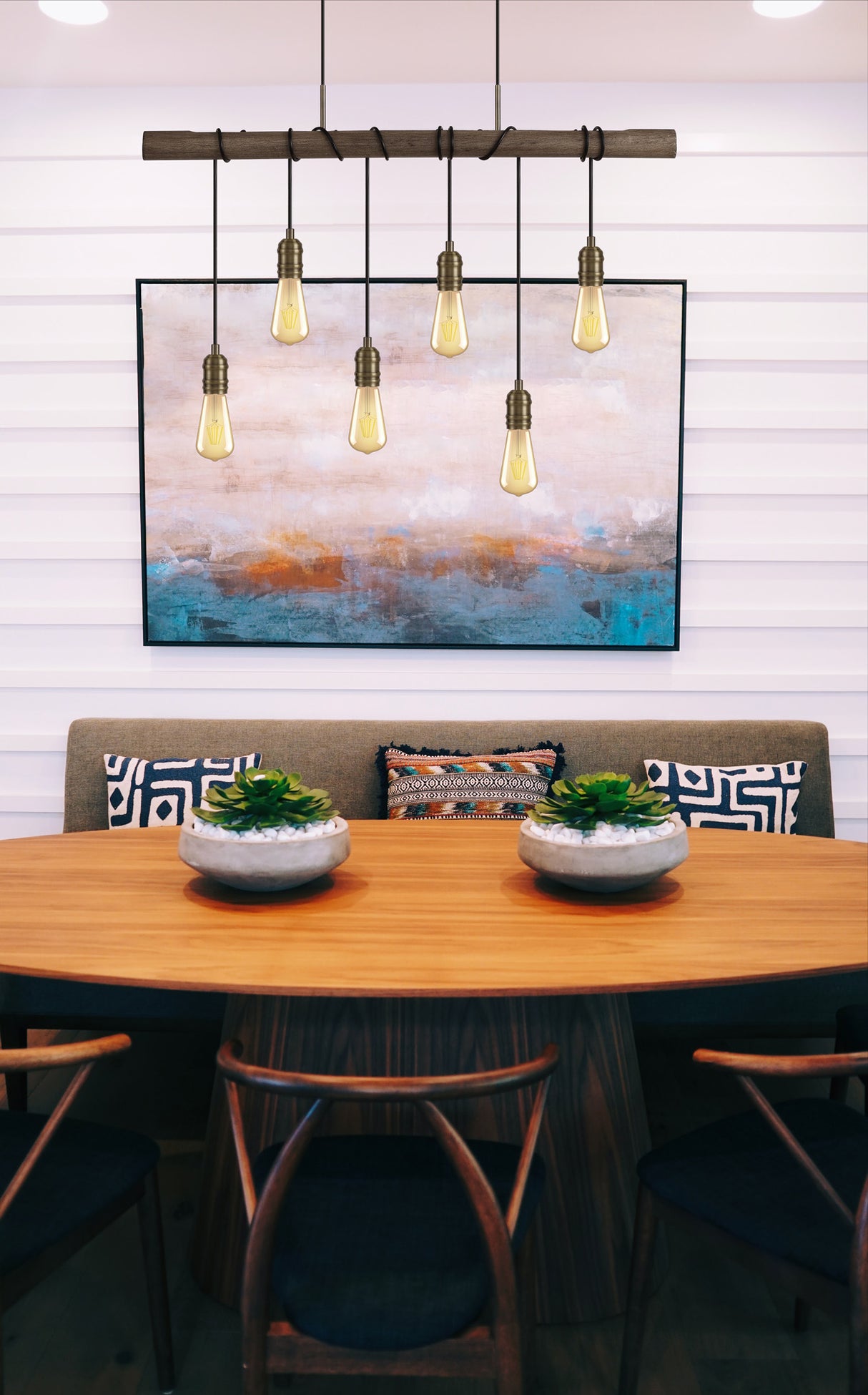 Tiler Pendant, 6 x E27, Medium Oak/Antique Brass