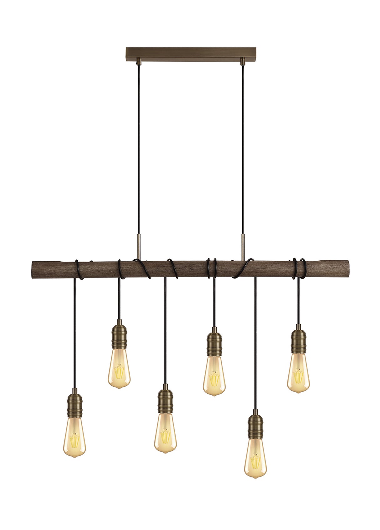Tiler Pendant, 6 x E27, Medium Oak/Antique Brass