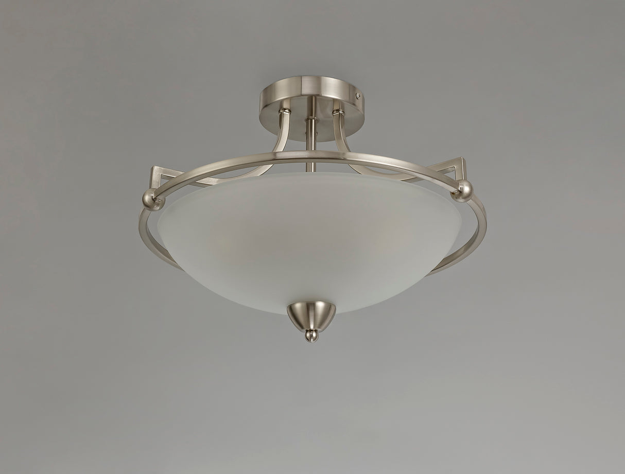Stokoe Semi Flush Ceiling, 3 Light E27, Satin Nickel/Frosted Glass