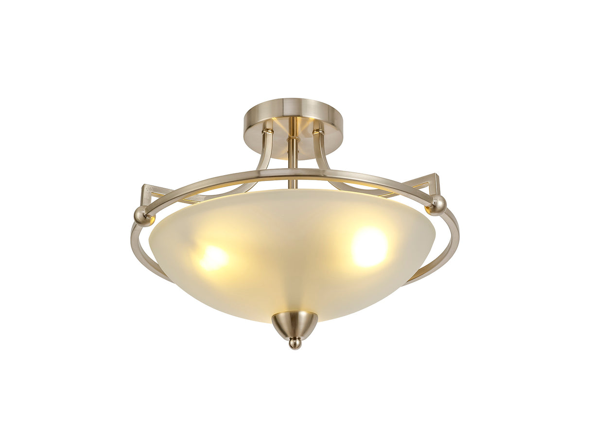 Stokoe Semi Flush Ceiling, 3 Light E27, Satin Nickel/Frosted Glass