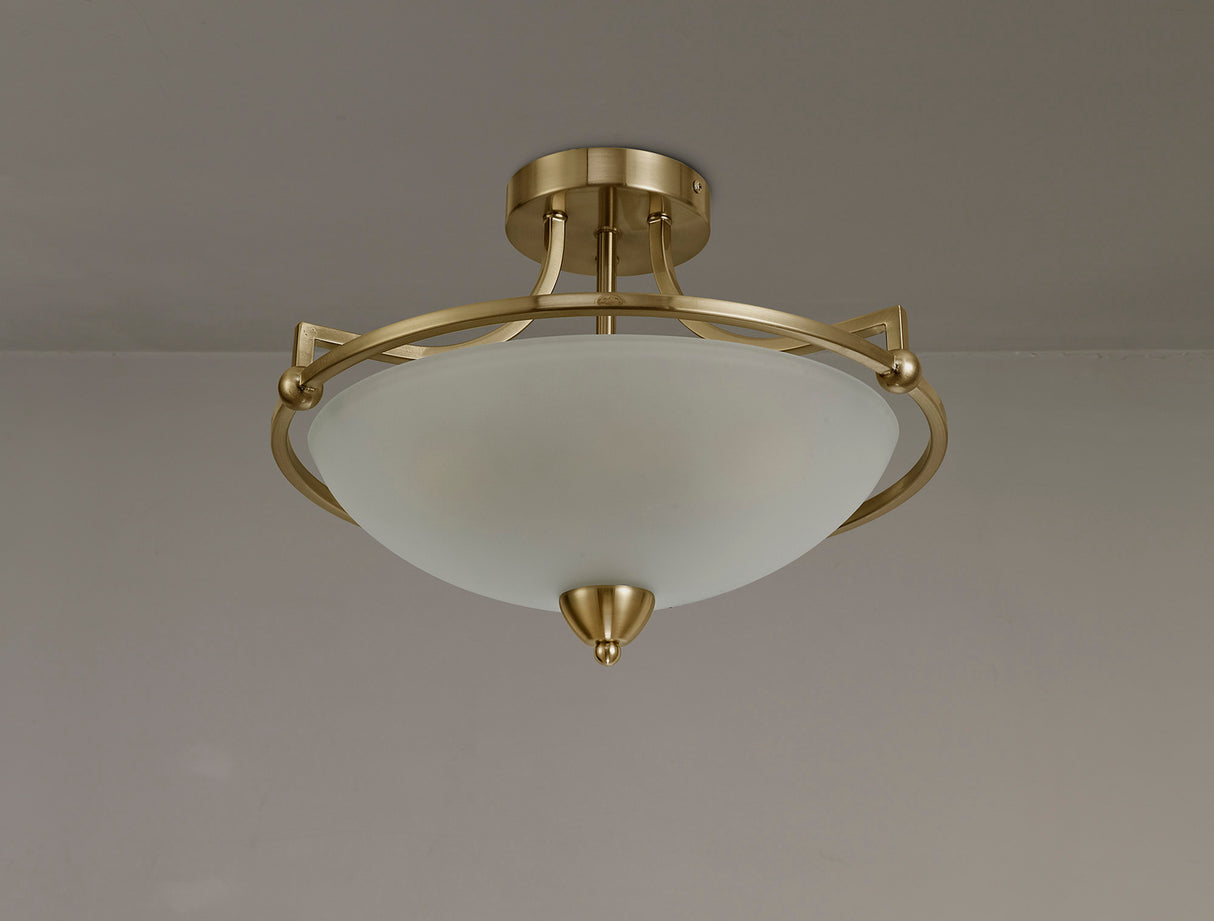 Stokoe Semi Flush Ceiling, 3 Light E27, Antique Brass/Frosted Glass