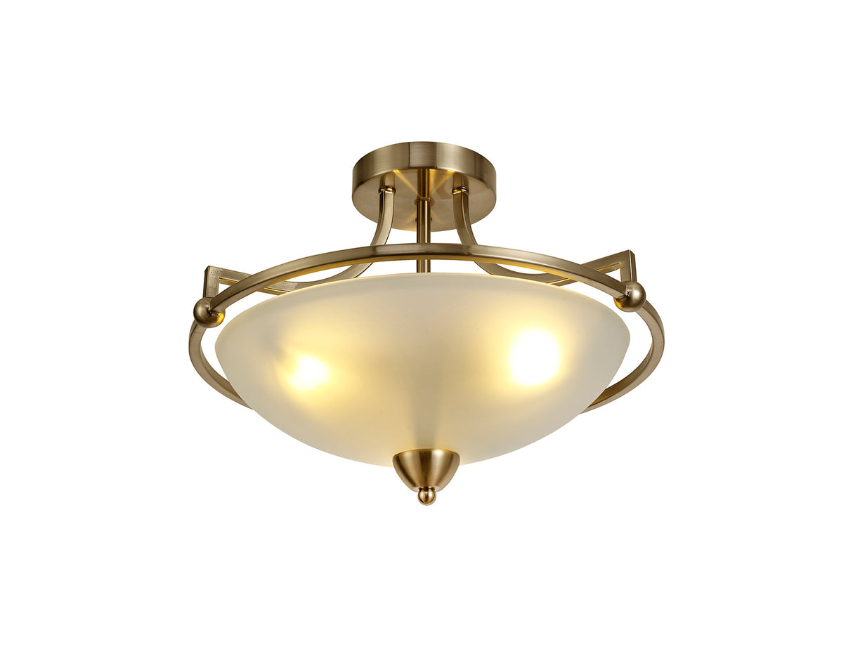 Stokoe Semi Flush Ceiling, 3 Light E27, Antique Brass/Frosted Glass
