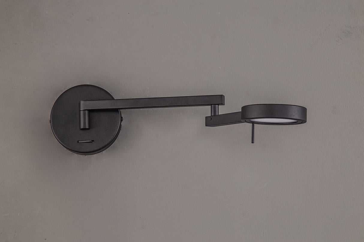 Carney Switched Adjustable Swing Arm Wall Lamp / Reader, 1 x 8W LED, 3000K, Sand Black, 3yrs Warranty