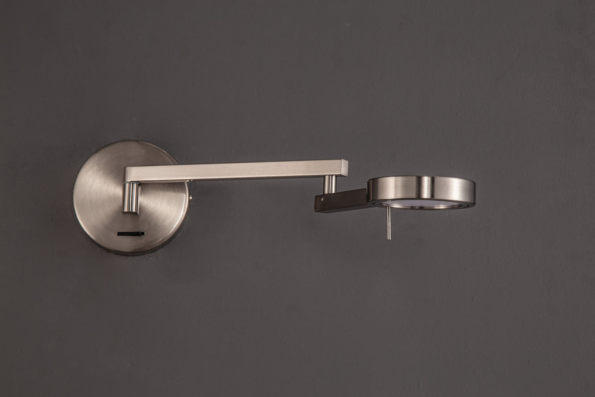 Carney Switched Adjustable Swing Arm Wall Lamp / Reader, 1 x 8W LED, 3000K, Satin Nickel, 3yrs Warranty