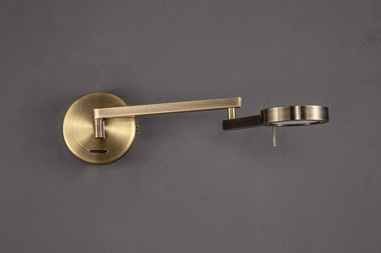 Carney Switched Adjustable Swing Arm Wall Lamp / Reader, 1 x 8W LED, 3000K, Antique Brass, 3yrs Warranty