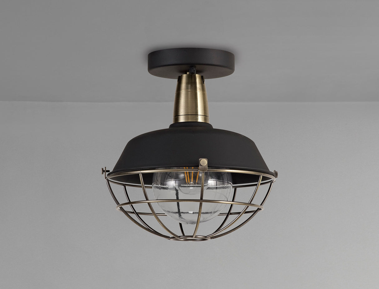 Lemon Semi Flush Ceiling, 1 Light E27, IP65, Matt Black/Antique Brass, 2yrs Warranty