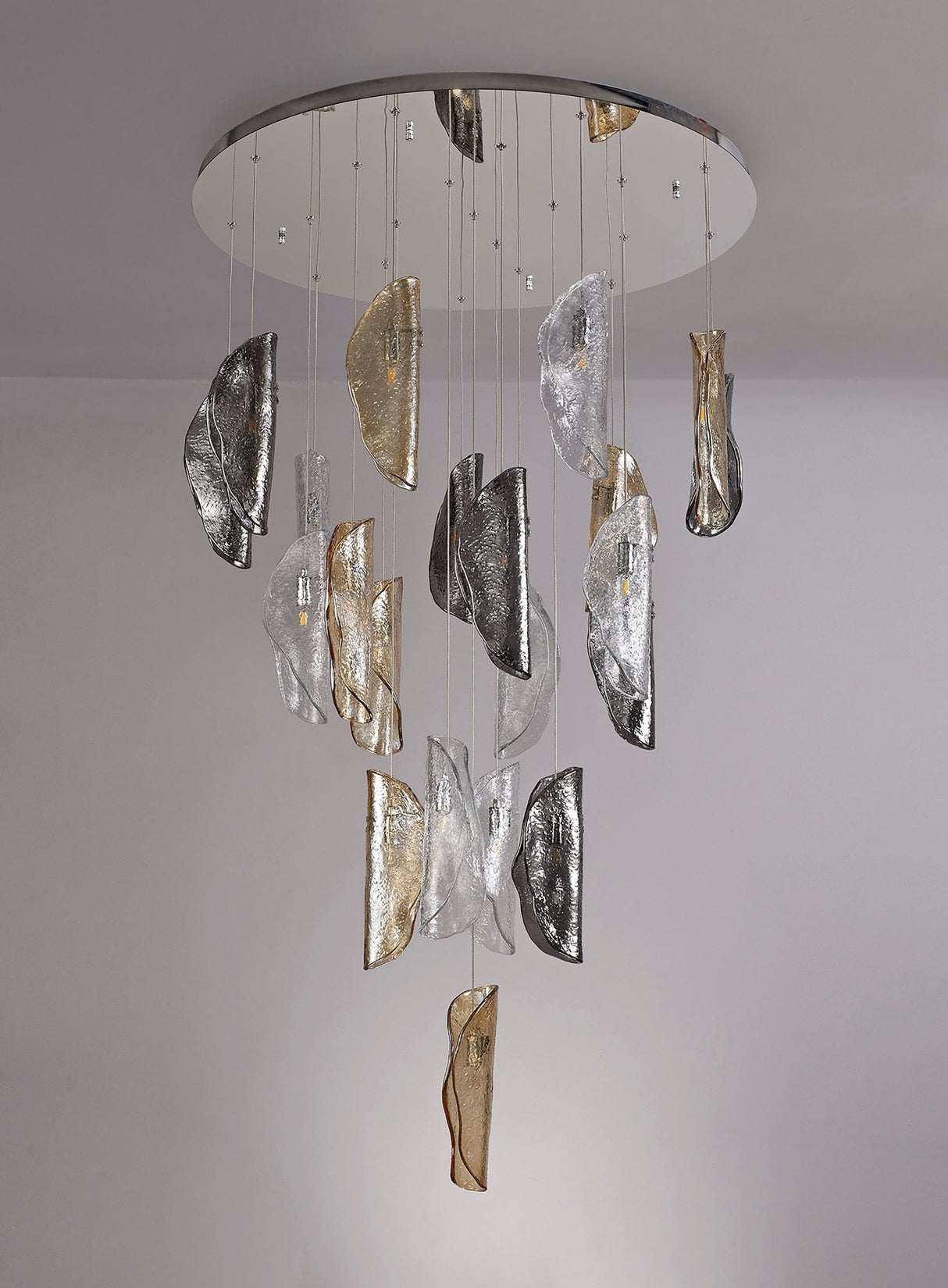 Young Pendant 5m, 21 x G9, Polished Chrome/Clear & Amber & Smoked Glass Item Weight: 28.1kg