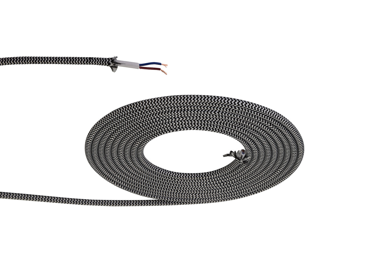 Robson 1m Black & White Wave Stripes Braided 2 Core 0.75mm Cable VDE Approved (qty ordered will be supplied as one continuous length)