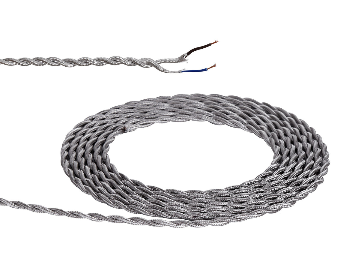 Robson 1m Silver Braided Twisted 2 Core 0.75mm Cable VDE Approved (qty ordered will be supplied as one continuous length)