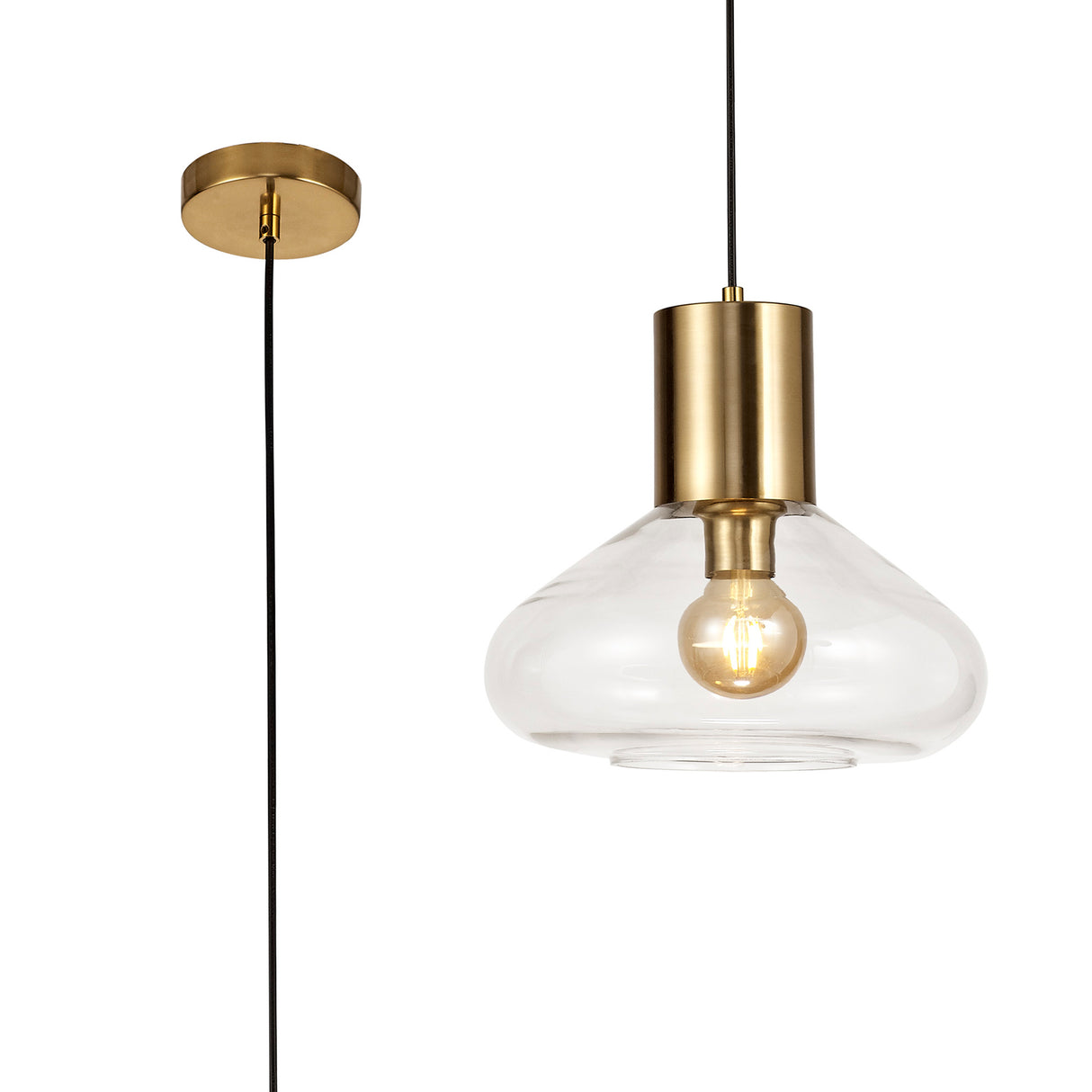 Rowell Wide Pendant, 1 x E27, Aged Brass/Clear Glass