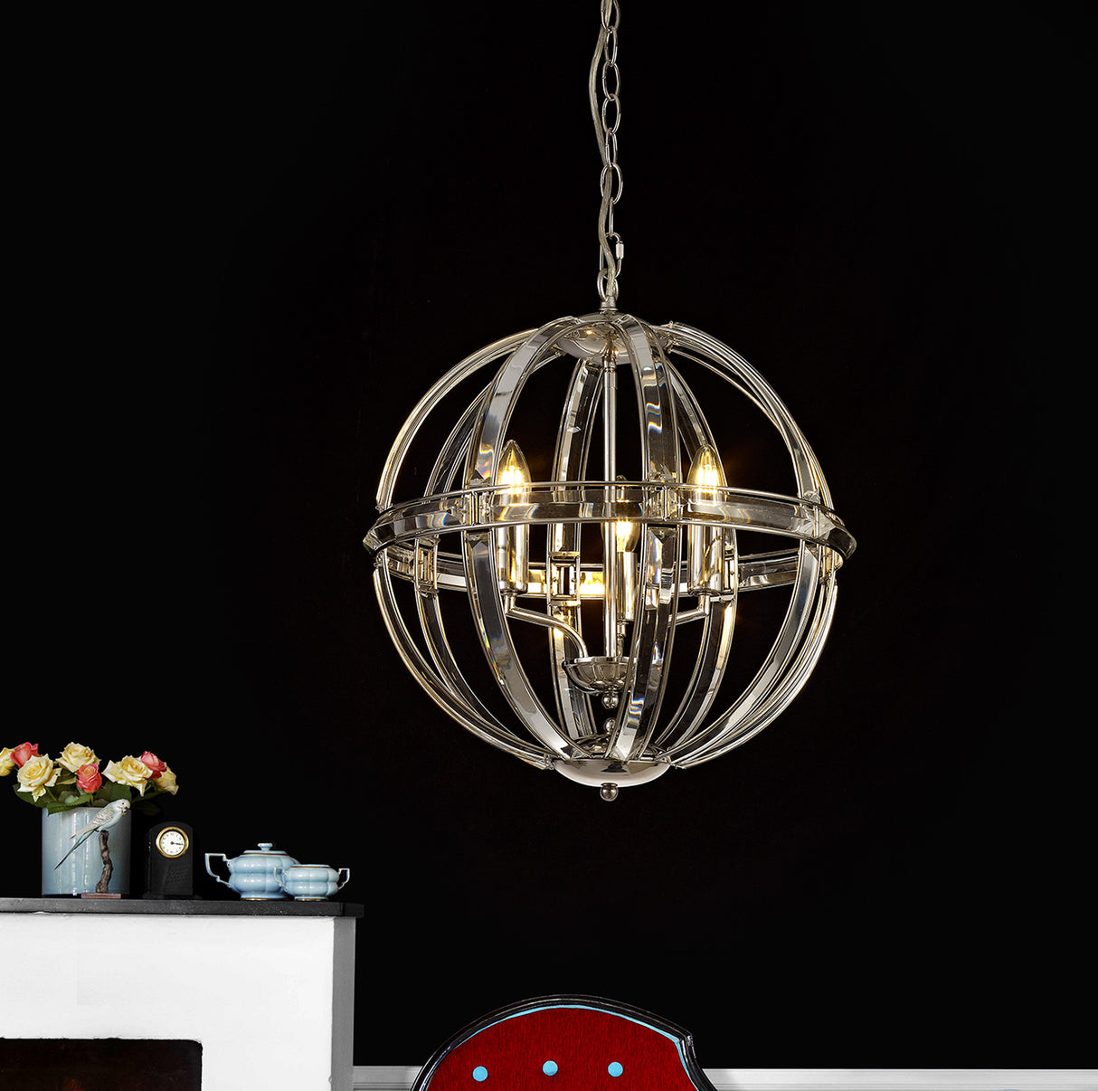 Ellison Medium Round Pendant, 3 Light E27, Polished Nickel