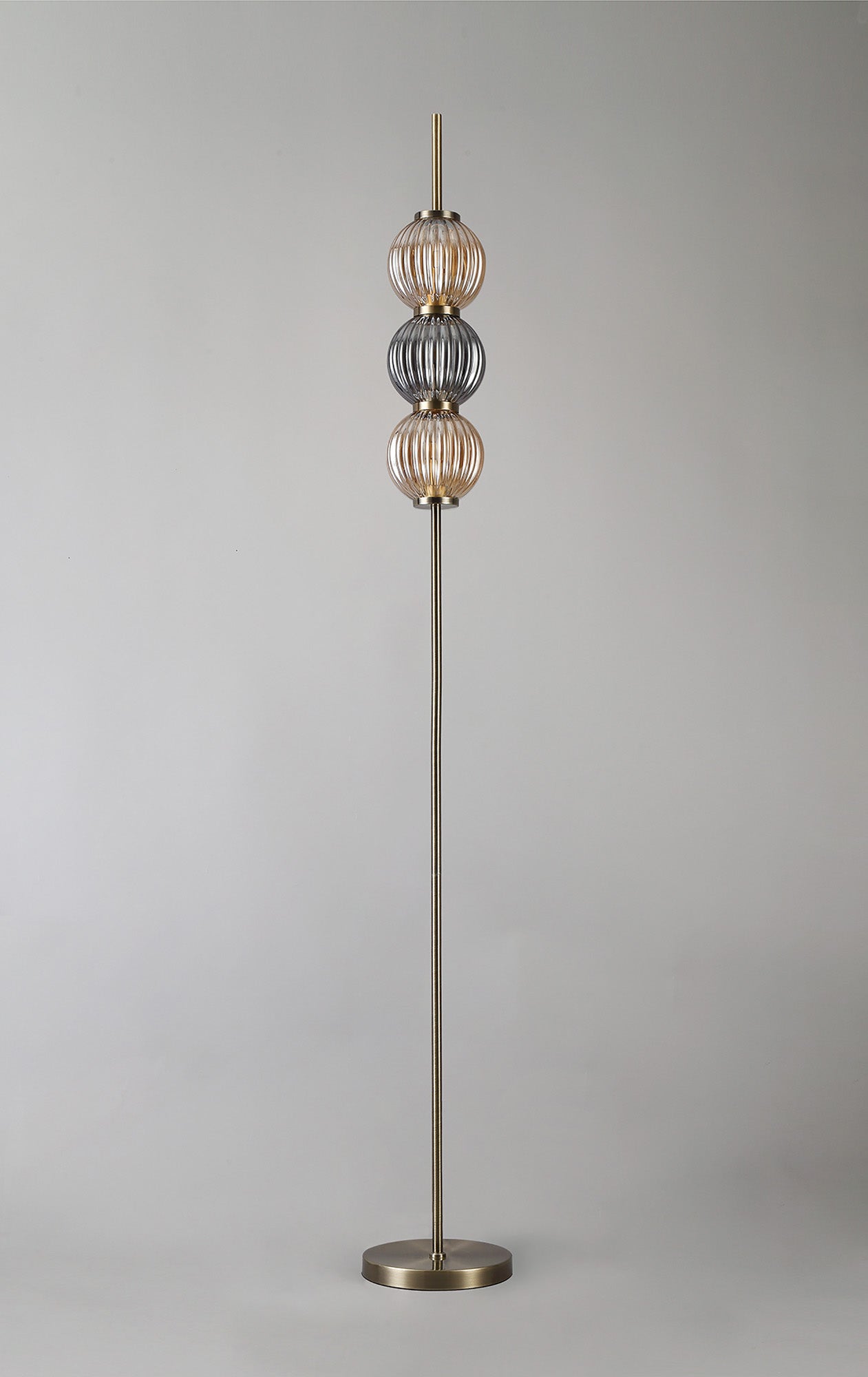 Halom Floor Lamp, 3 x G9, Antique Brass/Smoked & Amber Glass