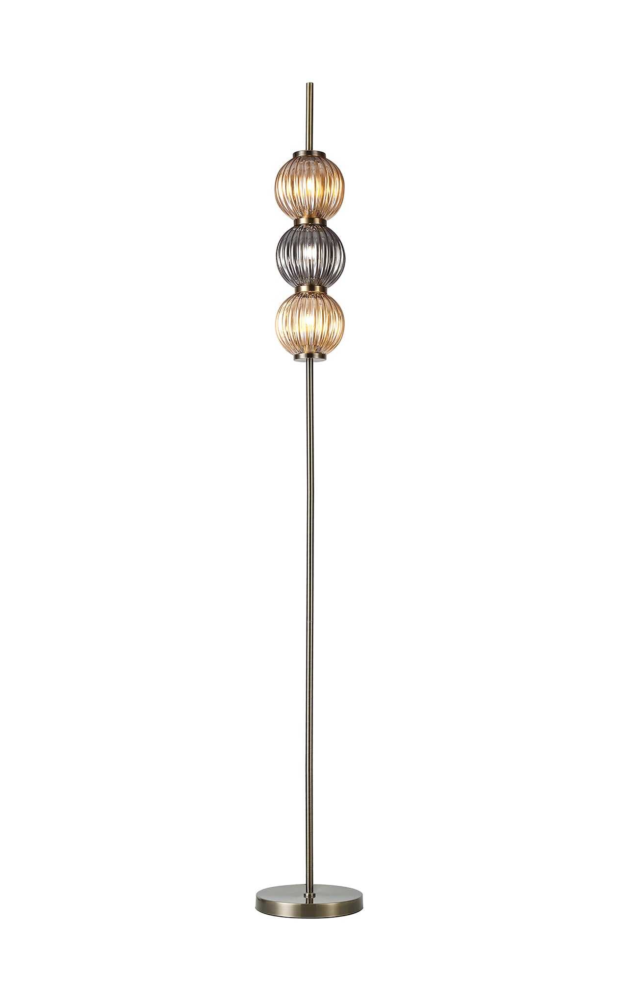Halom Floor Lamp, 3 x G9, Antique Brass/Smoked & Amber Glass