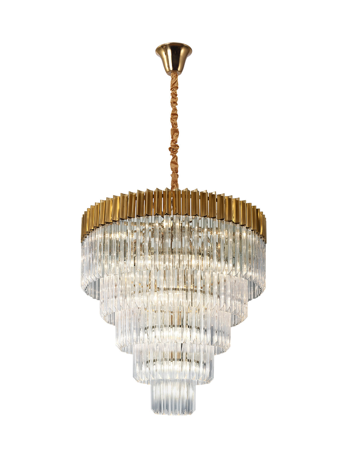 Longhorn 80cm Pendant Round 5 Tier 19 Light E14, Brass/Clear Sculpted Glass, Item Weight: 30.2kg