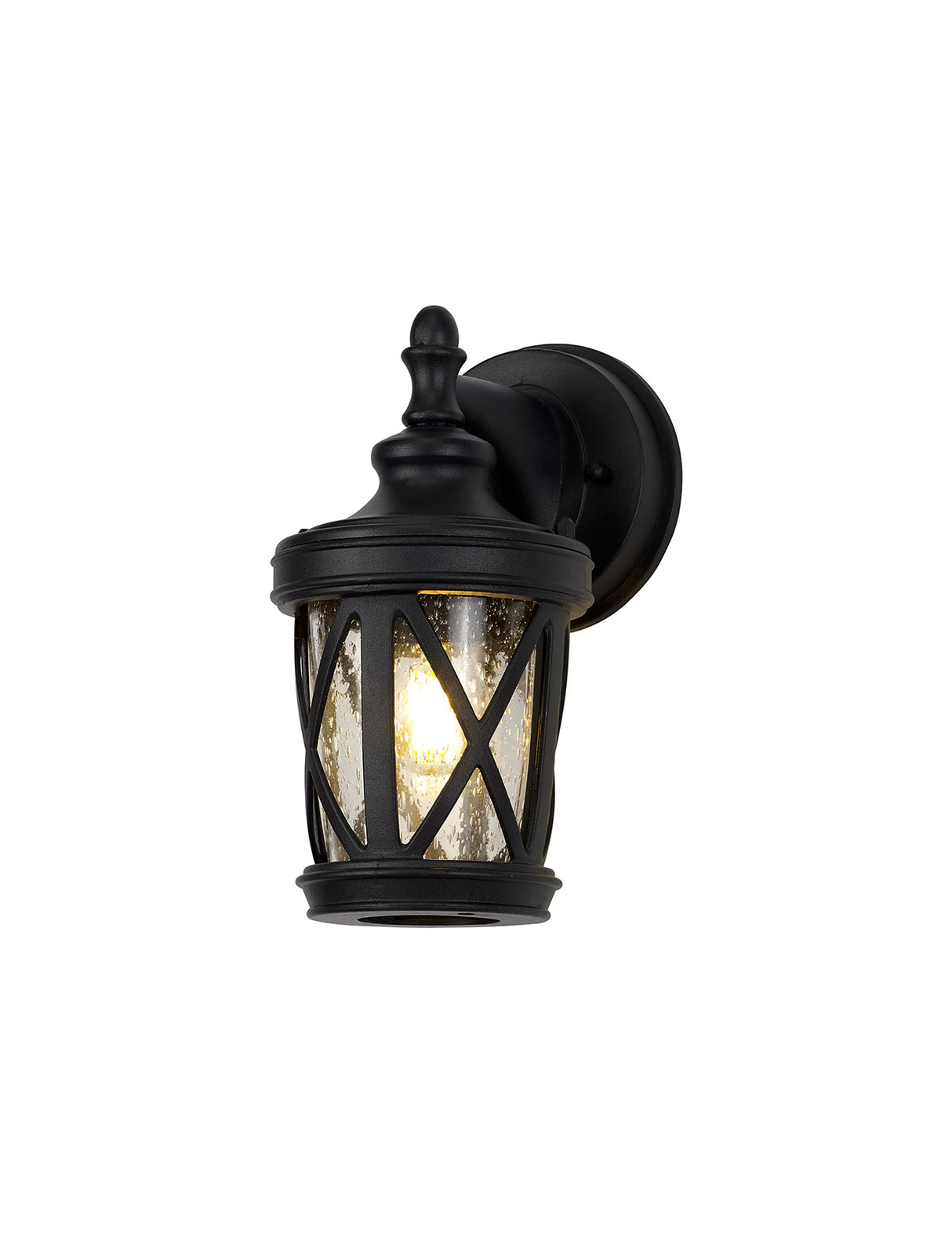 Stuckey Down Round Criss Cross Wall Lamp, 1 x E27, IP44, Sand Black/Clear Seeded Glass, 2yrs Warranty