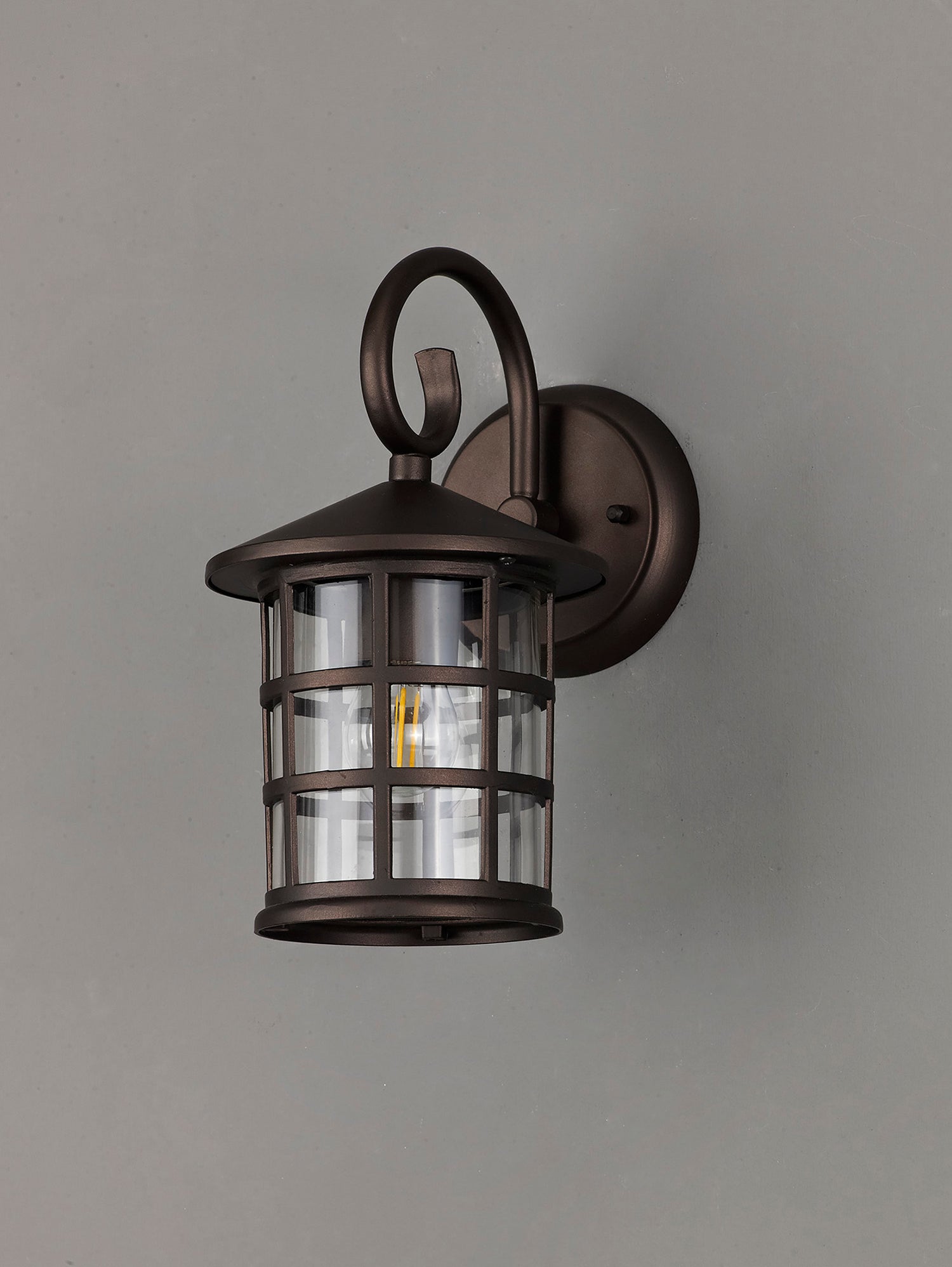 Stuckey Down Round Grid Wall Lamp, 1 x E27, IP44, Antique Bronze/Clear Glass, 2yrs Warranty