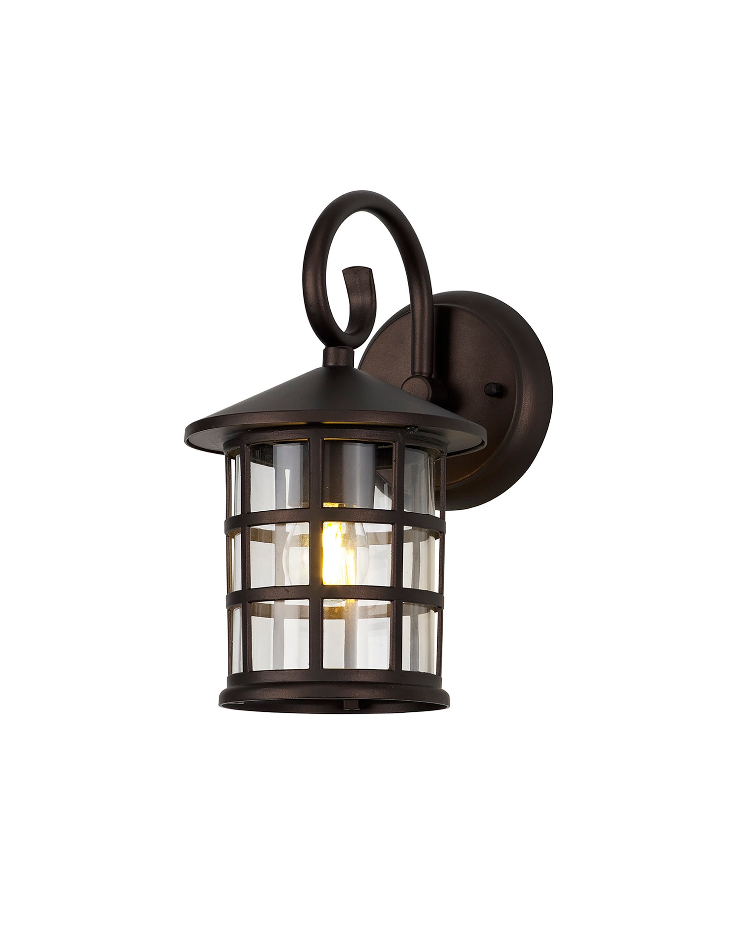 Stuckey Down Round Grid Wall Lamp, 1 x E27, IP44, Antique Bronze/Clear Glass, 2yrs Warranty