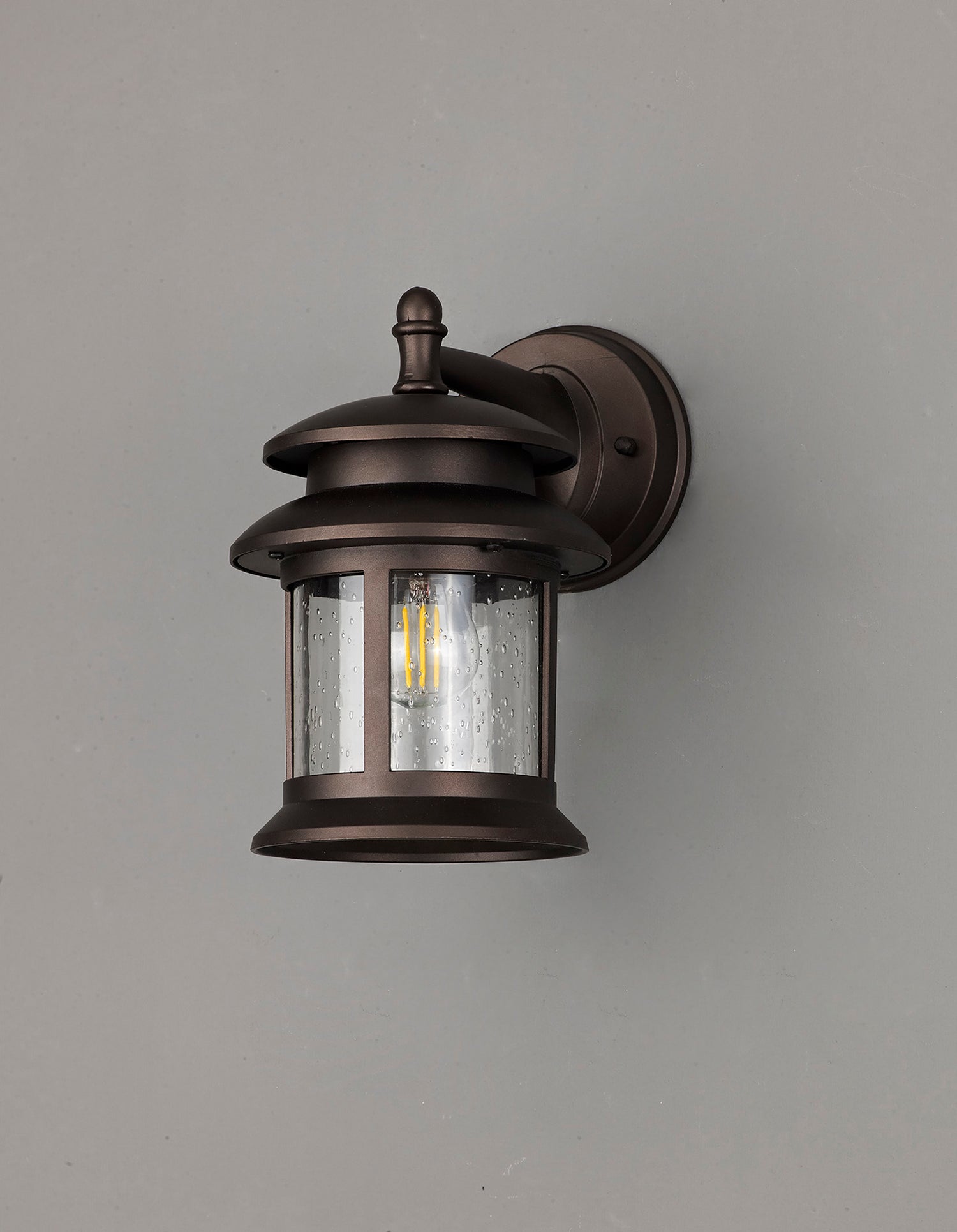 Stuckey Down Round Wall Lamp, 1 x E27, IP44, Antique Bronze/Clear Seeded Glass, 2yrs Warranty