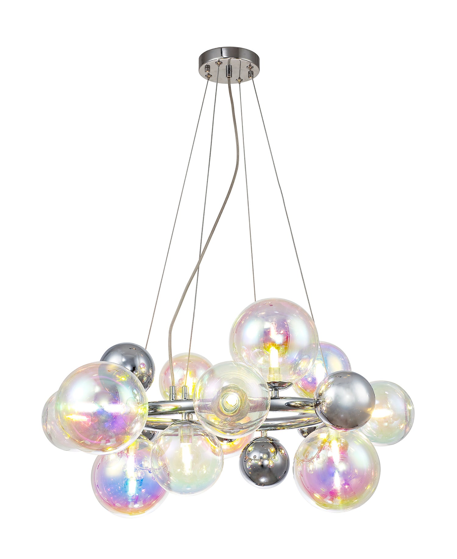 Suggett Circular Pendant, 12 x G9, Polished Chrome, Iridescent Glass