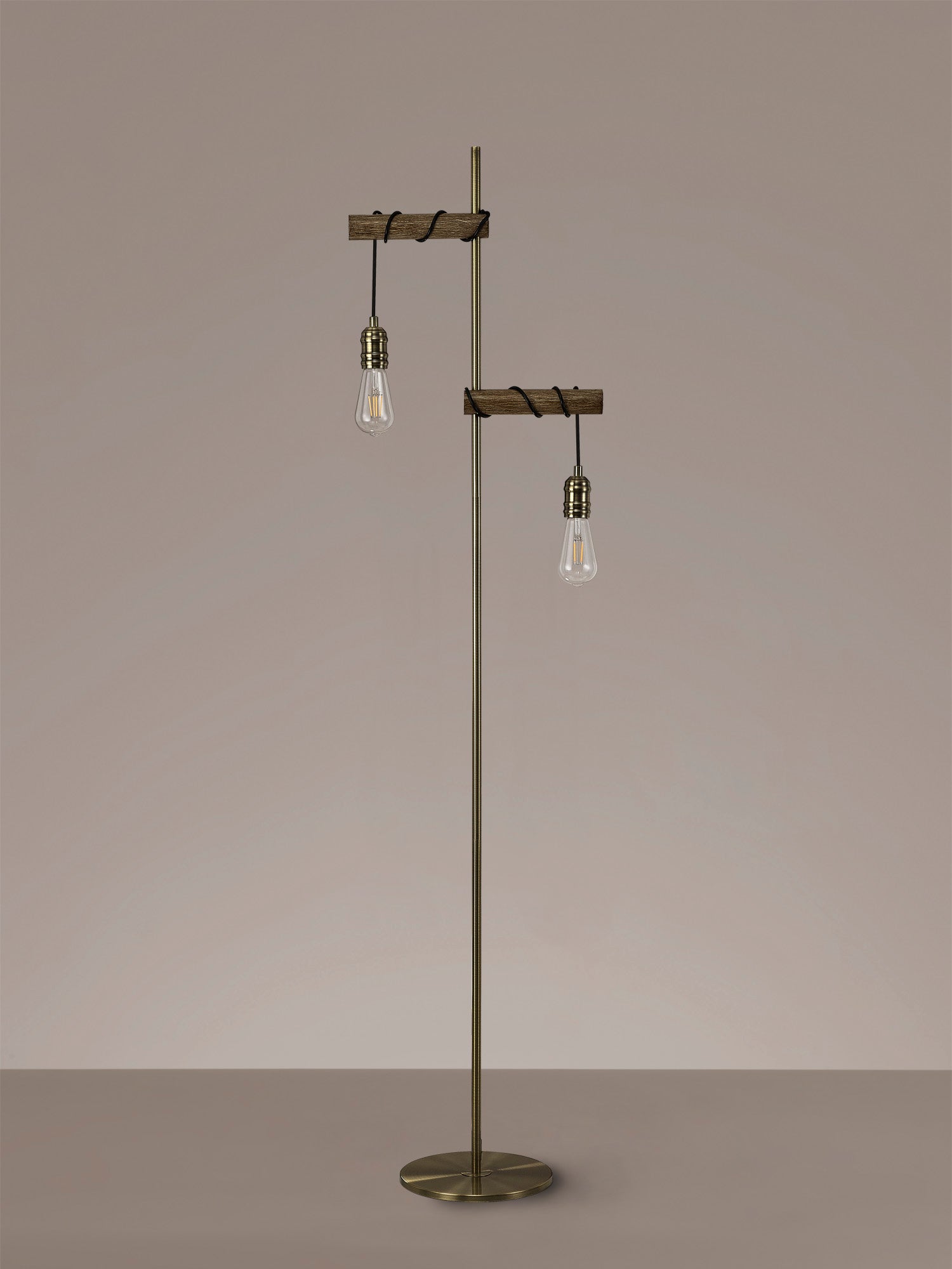 Tiler Floor Lamp, 2 x E27, Medium Oak/Antique Brass
