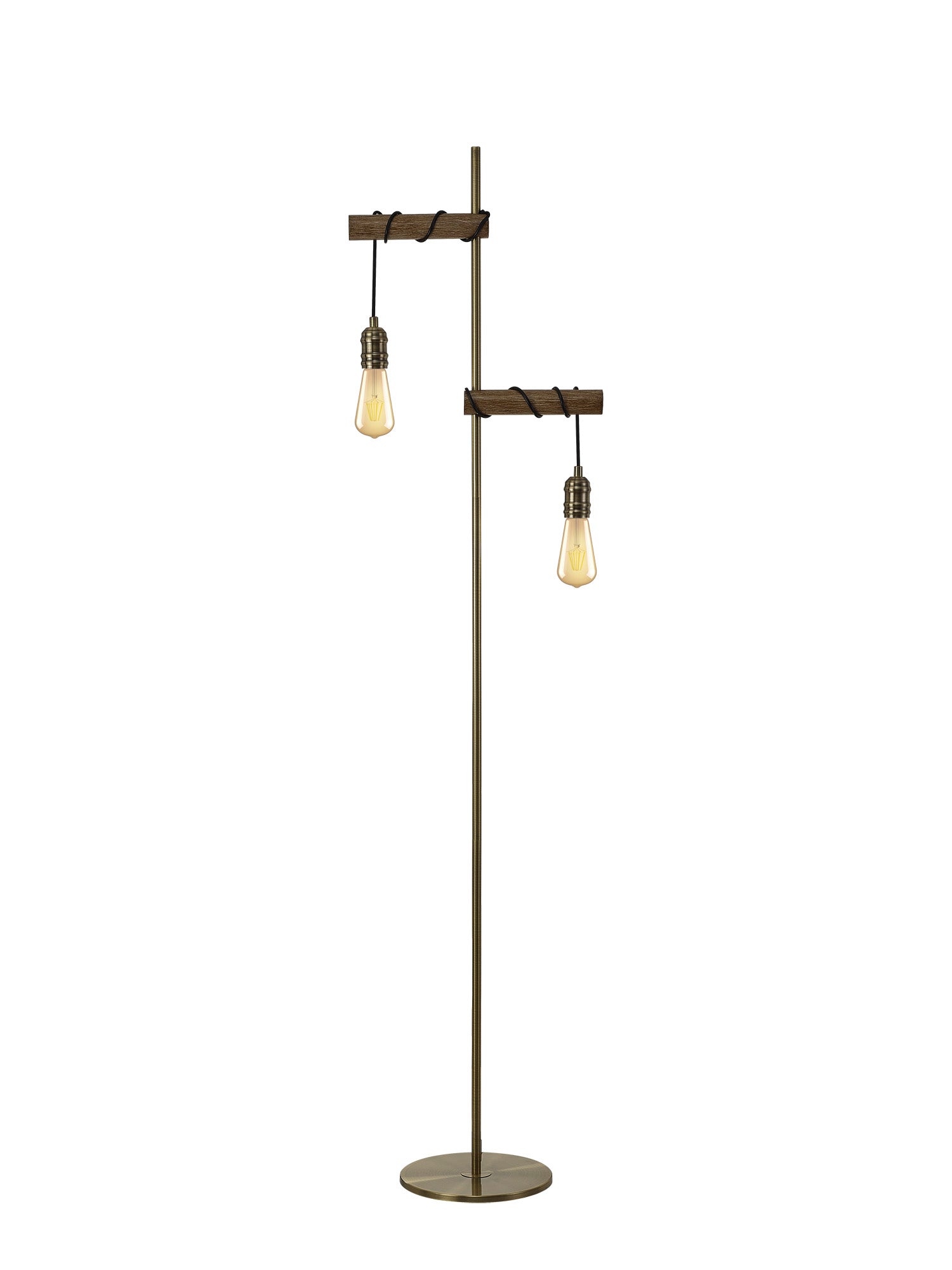 Tiler Floor Lamp, 2 x E27, Medium Oak/Antique Brass