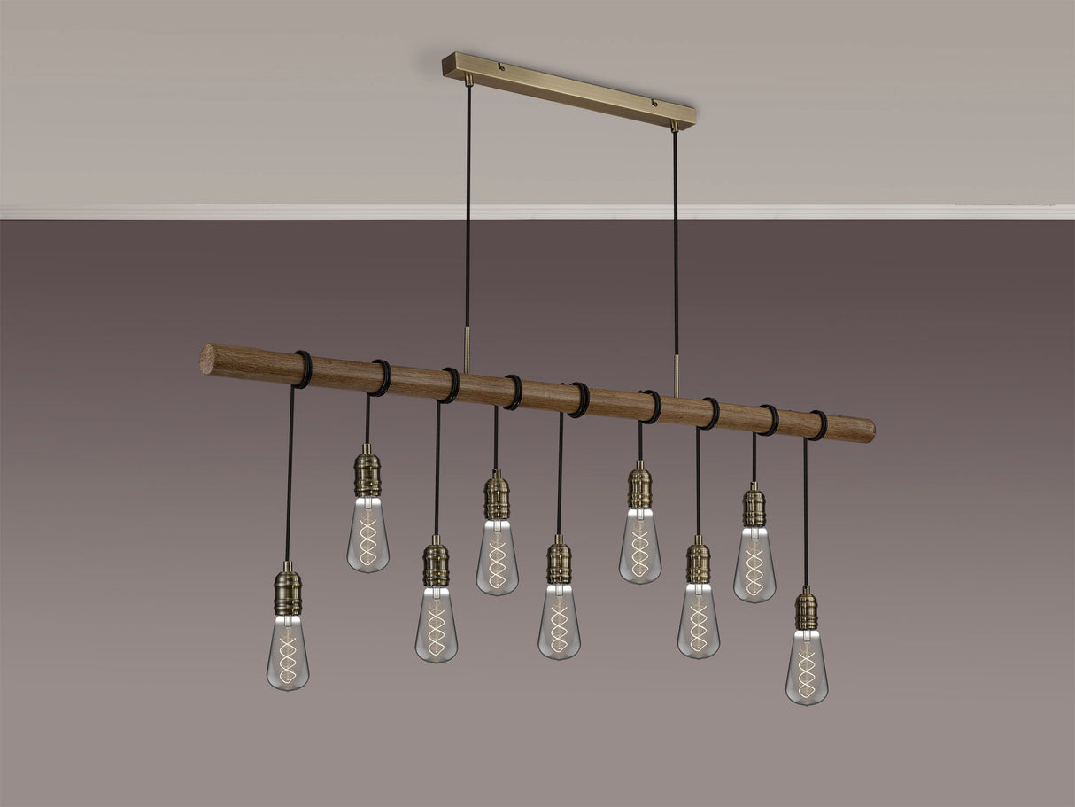 Tiler Pendant, 9 x E27, Medium Oak/Antique Brass