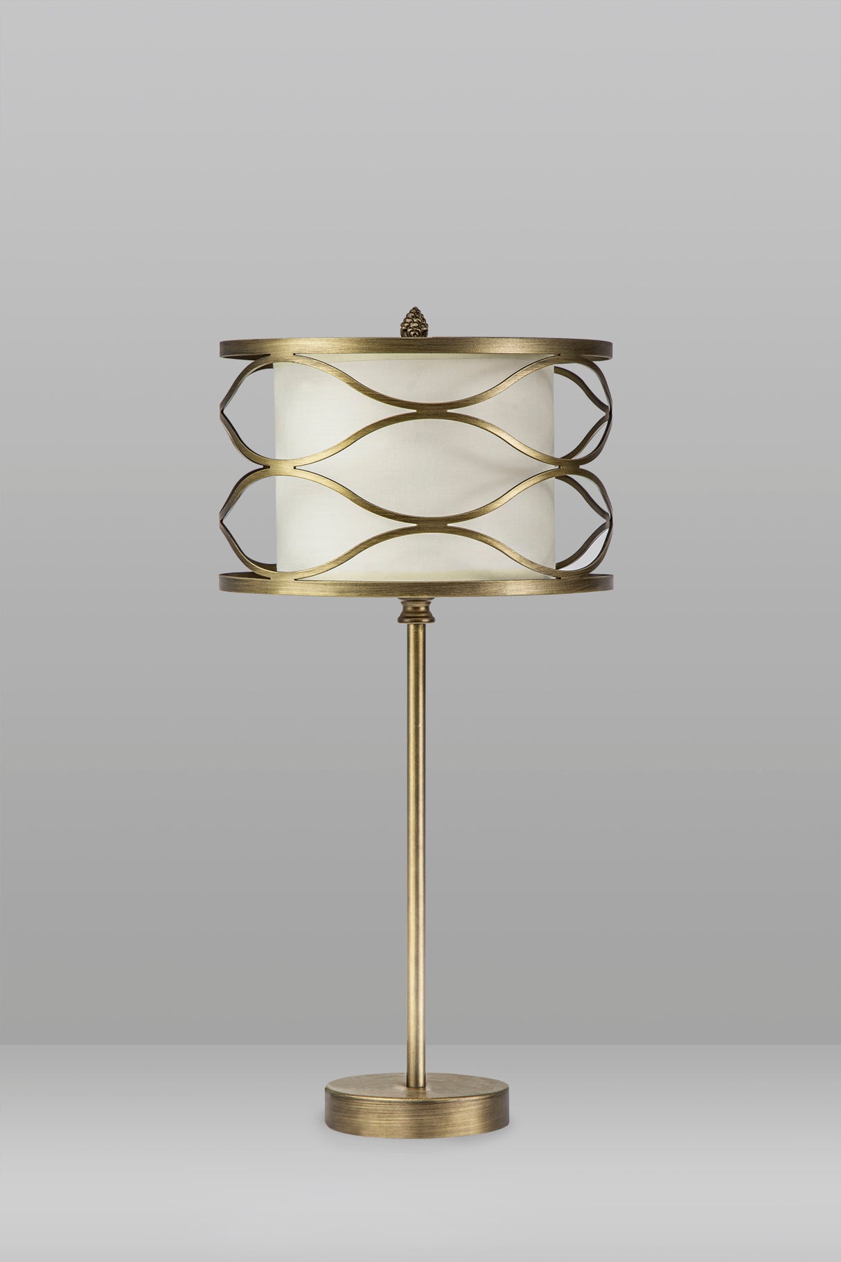 Hinnegan Table Lamp 1 Light E27 Aged Gold / Cream Fabric Shade