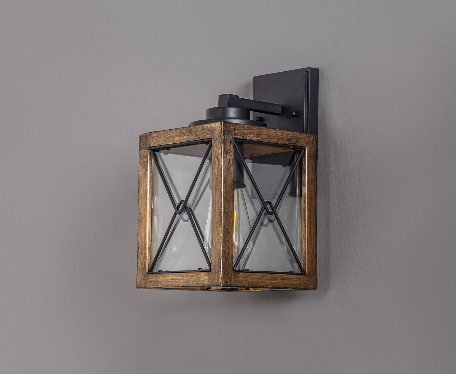 Doyle Small Wall Lamp, 1 x E27, Wood Effect & Black/Clear Glass, IP54, 2yrs Warranty
