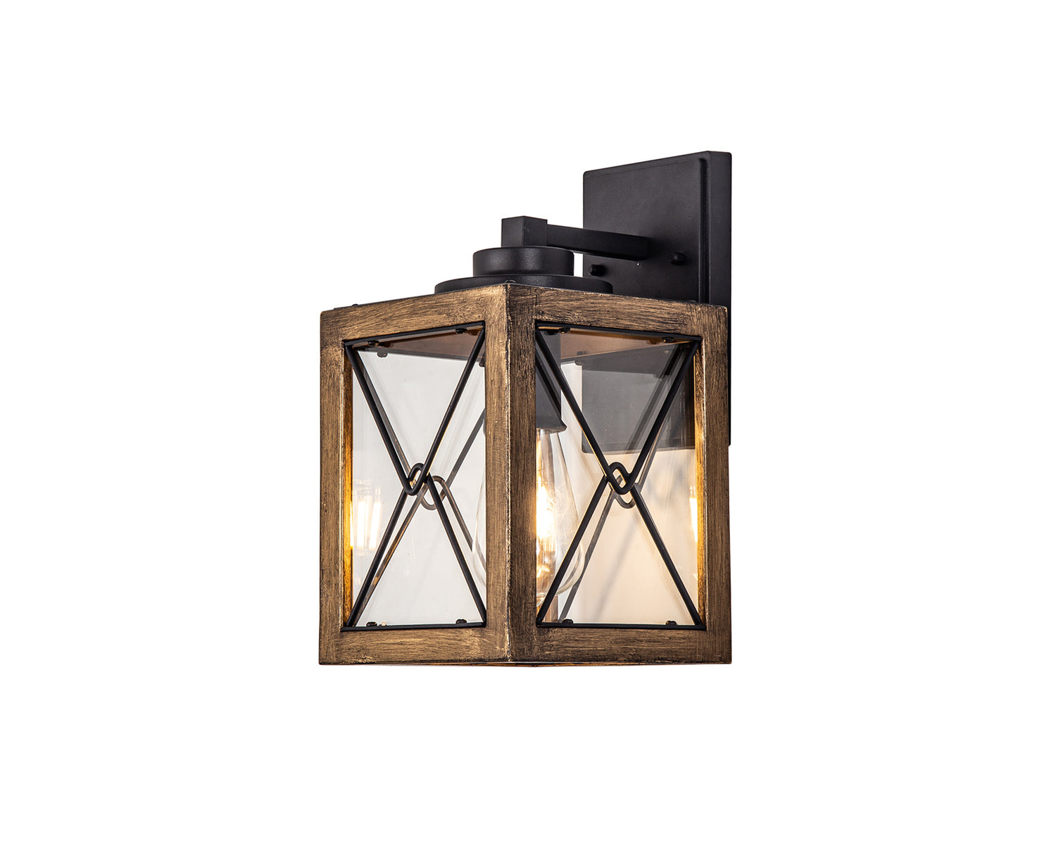 Doyle Small Wall Lamp, 1 x E27, Wood Effect & Black/Clear Glass, IP54, 2yrs Warranty