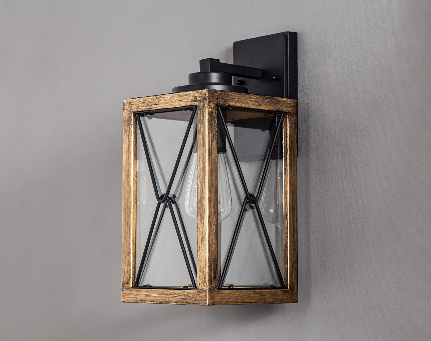 Doyle Large Wall Lamp, 1 x E27, Wood Effect & Black/Clear Glass, IP54, 2yrs Warranty