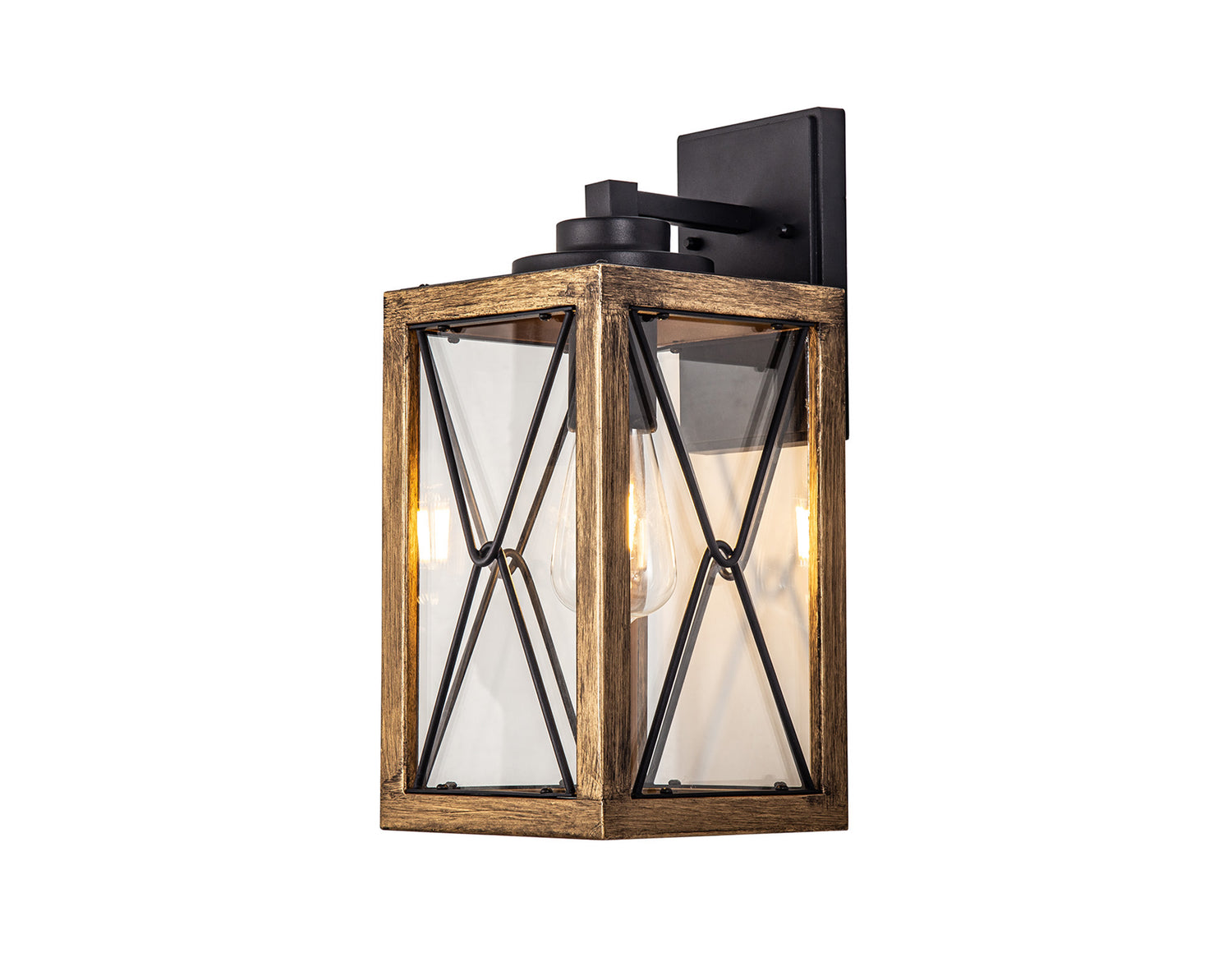 Doyle Large Wall Lamp, 1 x E27, Wood Effect & Black/Clear Glass, IP54, 2yrs Warranty