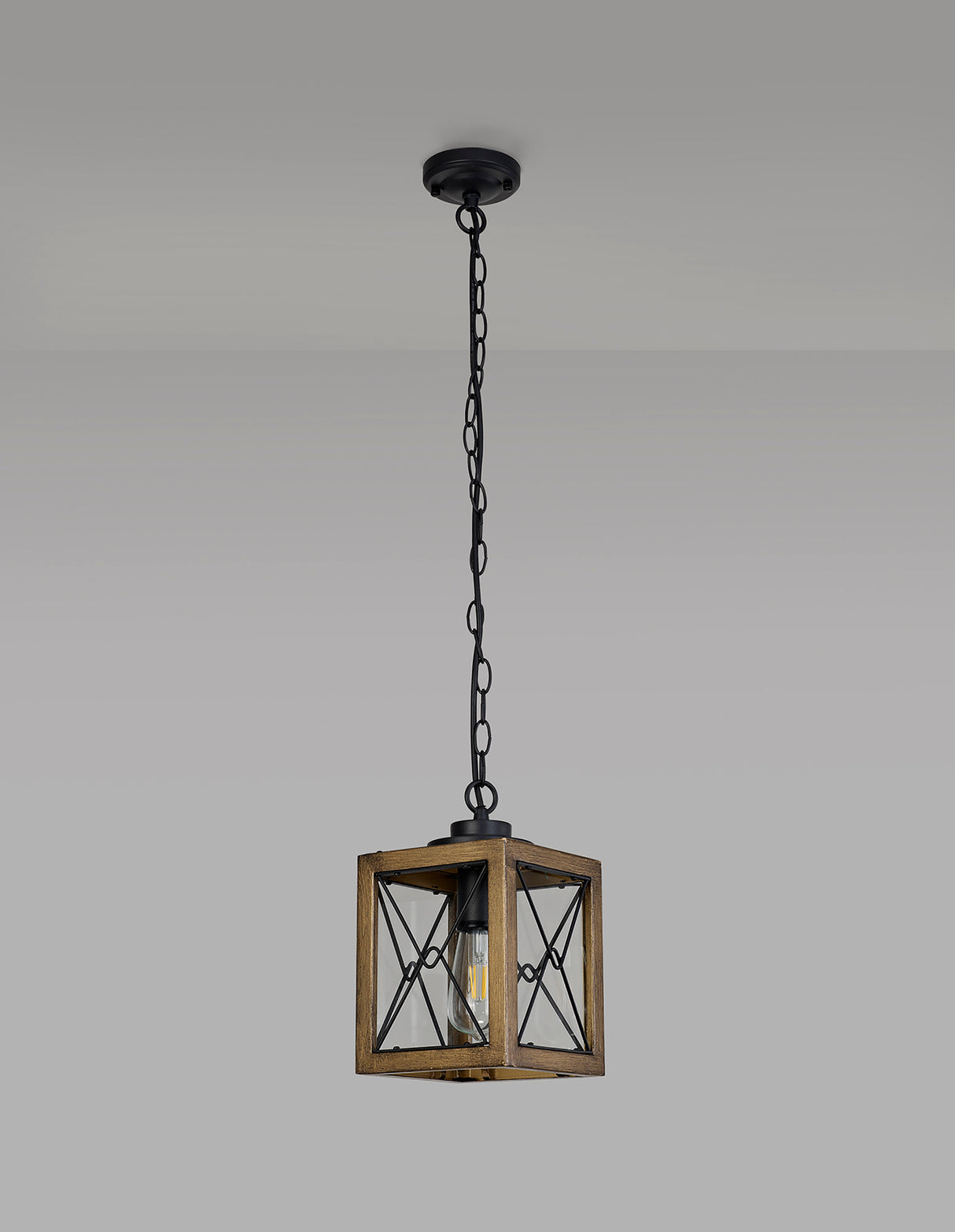 Doyle Pendant, 1 x E27, Wood Effect & Black/Clear Glass, IP54, 2yrs Warranty