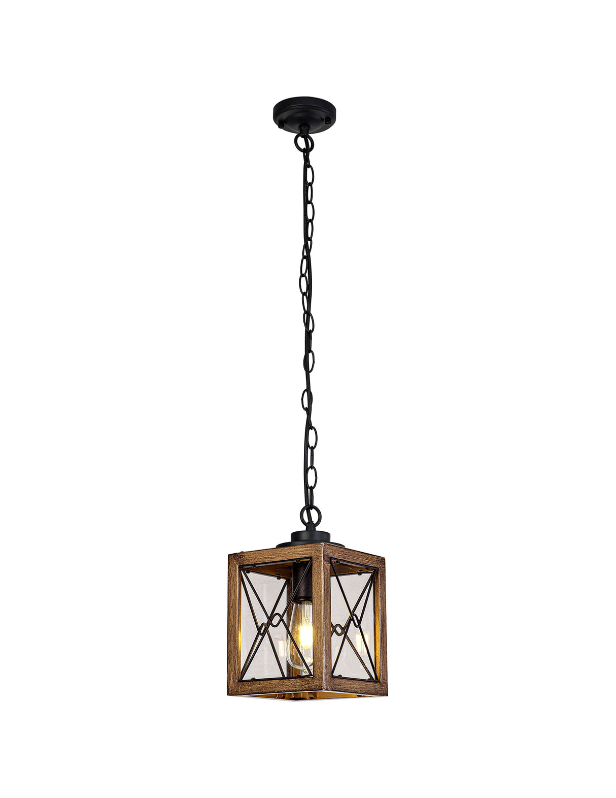 Doyle Pendant, 1 x E27, Wood Effect & Black/Clear Glass, IP54, 2yrs Warranty