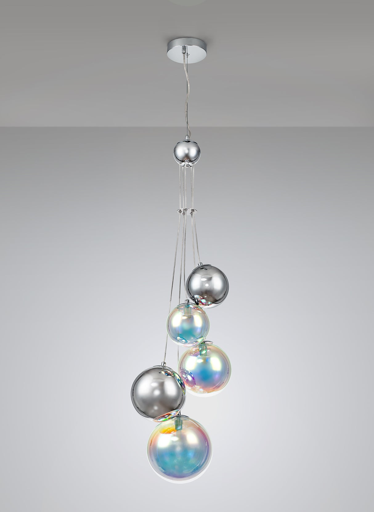 Suggett Pendant, 5 x G9, Polished Chrome/Iridescent Glass