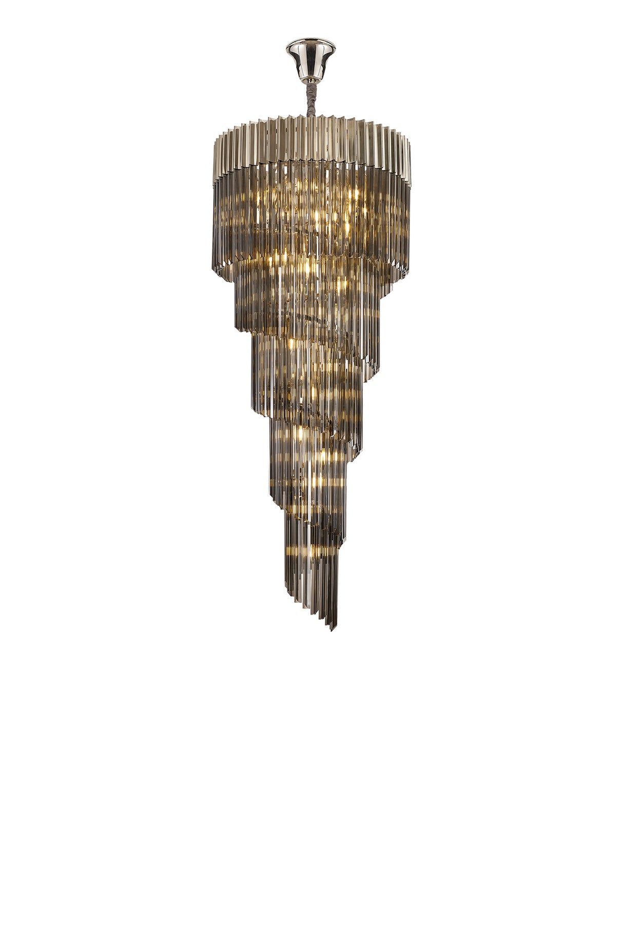 Longhorn 70cm Pendant Round 5 Layer Spiral 23 Light E14, Polished Nickel / Smoke Sculpted Glass, Item Weight: 57kg