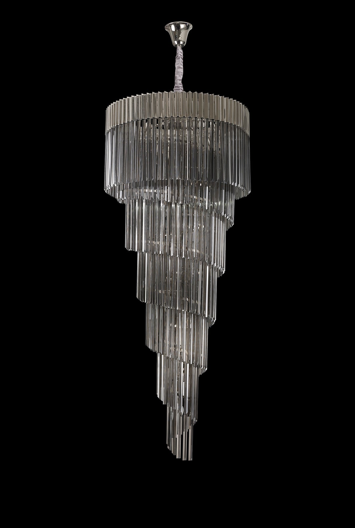 Longhorn 90cm Pendant Round 7 Layer Spiral 31 Light E14, Polished Nickel / Smoke Sculpted Glass, Item Weight: 93kg