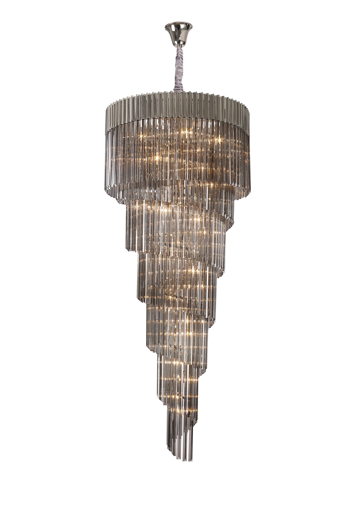 Longhorn 90cm Pendant Round 7 Layer Spiral 31 Light E14, Polished Nickel / Smoke Sculpted Glass, Item Weight: 93kg