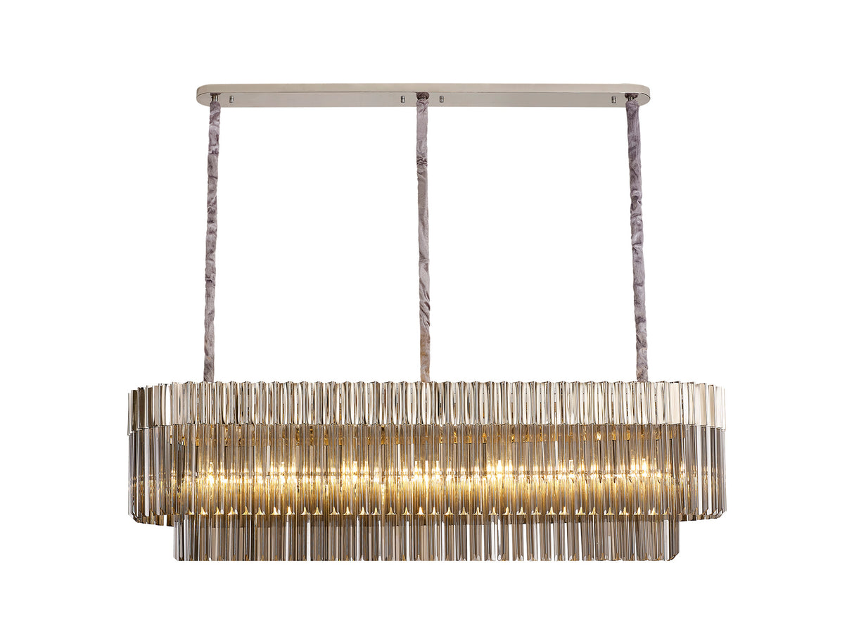 Longhorn 150 x 40cm Pendant Rectangle 7 Light E14, Polished Nickel / Smoke Sculpted Glass, Item Weight: 28kg