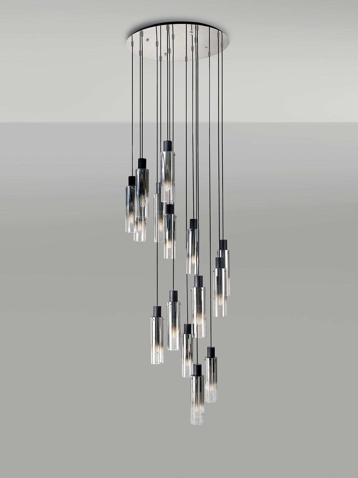 Bridges Round Pendant, 15 Light Adjustable E27, Black/Smoke Fade Glass, Item Weight: 25.3kg