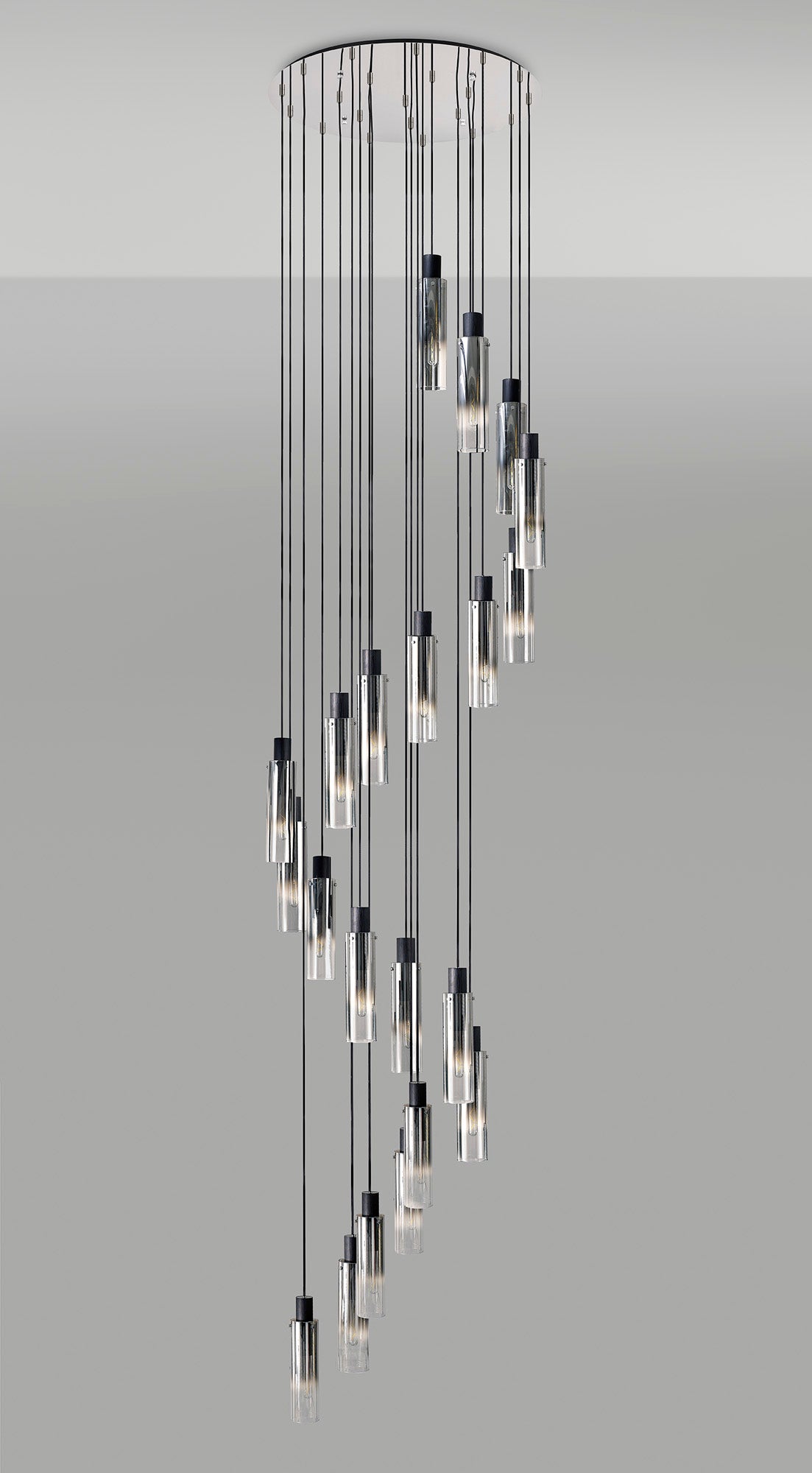 Bridges Round Pendant, 21 Light Adjustable E27, Black/Smoke Fade Glass, Item Weight: 38.2kg
