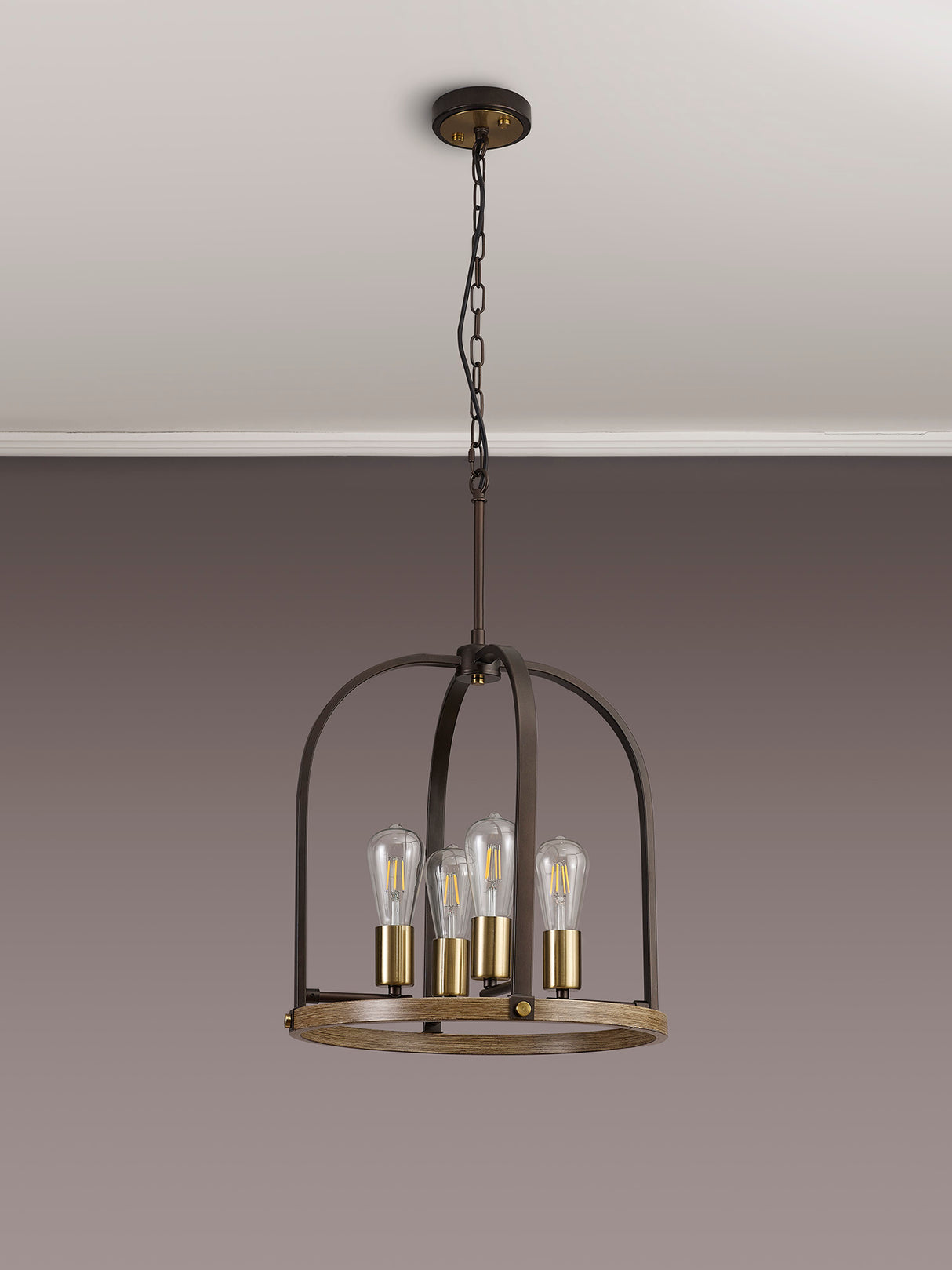 Atkins Pendant/Semi Flush Round 4 Light E27, Antique Bronze / Brown Oxide / Wood