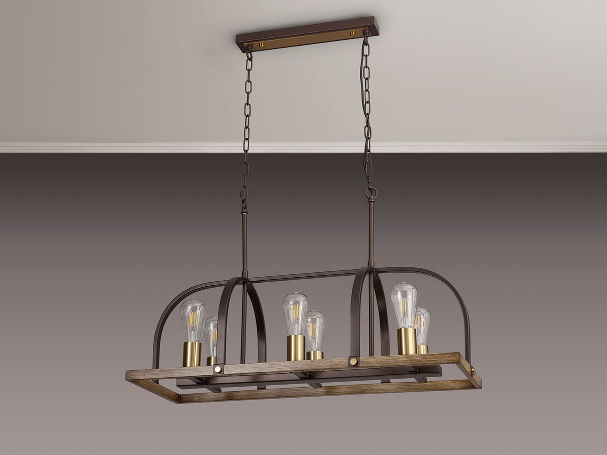 Atkins Pendant/Semi Flush Oblong 6 Light E27, Antique Bronze / Brown Oxide / Wood