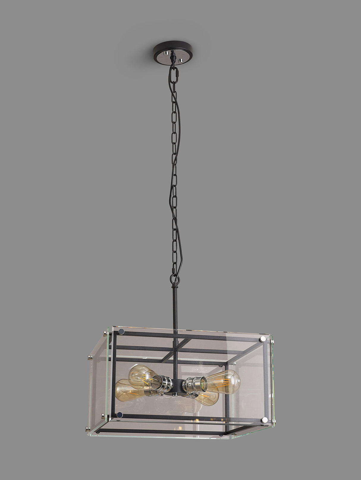 Bolton Pendant, 4 Light E27, Matt Black / Chrome / Clear Glass