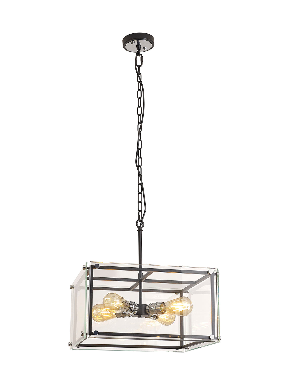 Bolton Pendant, 4 Light E27, Matt Black / Chrome / Clear Glass